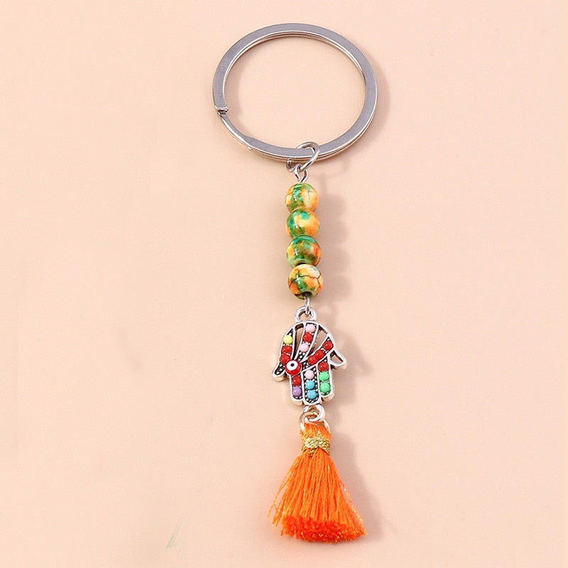 1Pc Bohemia Evil Eye Hamsa Hand Keychain for Women Men Blue Eye Sun Feather Key Ring Bag Pendant Car Key Holder Rings Wholesale