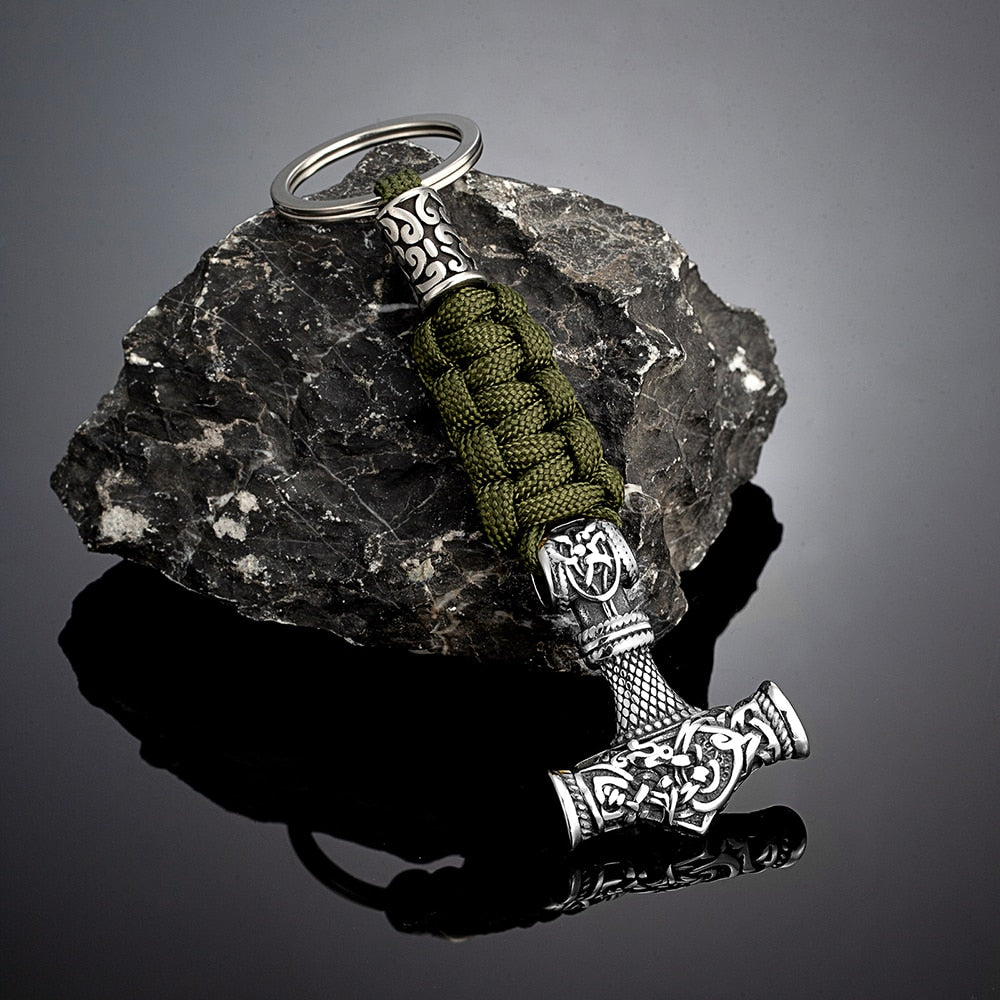 Norse Thor's Hammer Vikings Keychain Men Charm Braided Lanyard Stainless Steel Keyring Valknut Rune Handmade Retro Jewelry