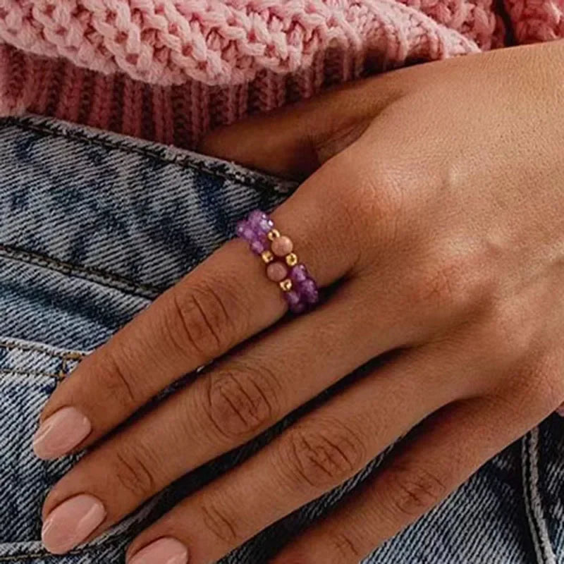 Boho Natural Stone Party Rings For Women Girls Trendy Handmade Jewelry Gift Amethyst Turquoise Tigereye Statement Ring Wholesale - Charlie Dolly