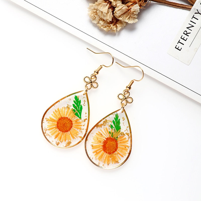 Creative Real Flower Earring Unique Round Dried Flower Drop Earrings Real Floral Sweet Earring For Women Gifts Summer Jewelry