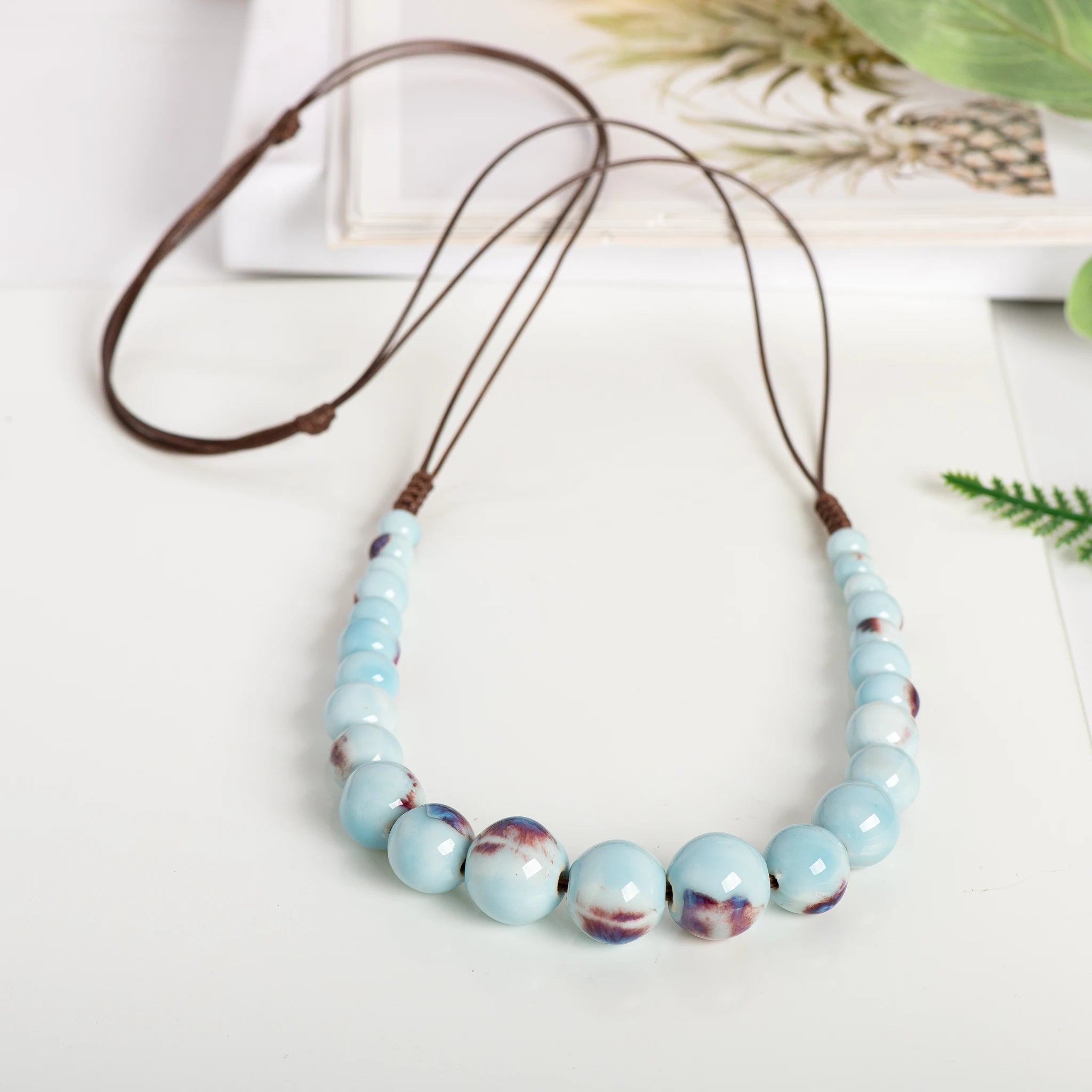 Vintage Ceramic Bead Adjustable Long Necklace Jewelry