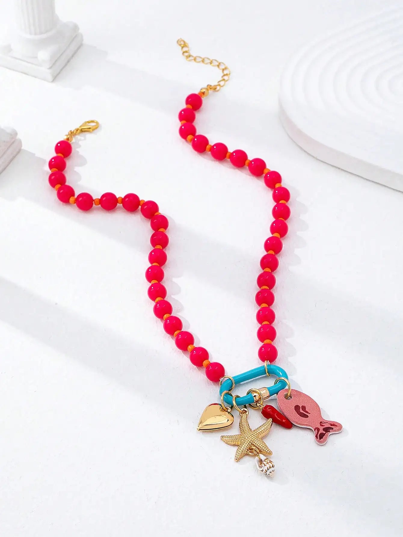 Fish Starfish Charm Resin Bead Layered Necklace Jewelry