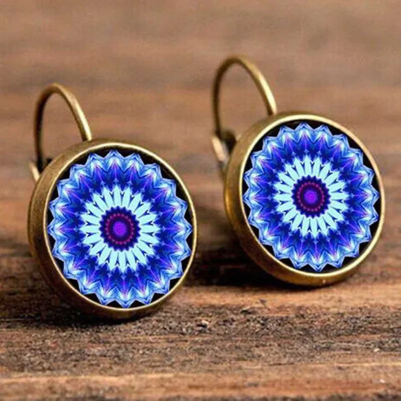 Vintage Flower Pattern Round Drop Earrings, Bohemian Boho Jewelry