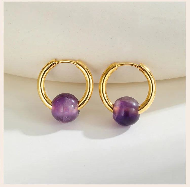 Natural Amethyst Beaded Hoop Earrings, Gold-Plated Stainless Steel Waterproof Jewelry