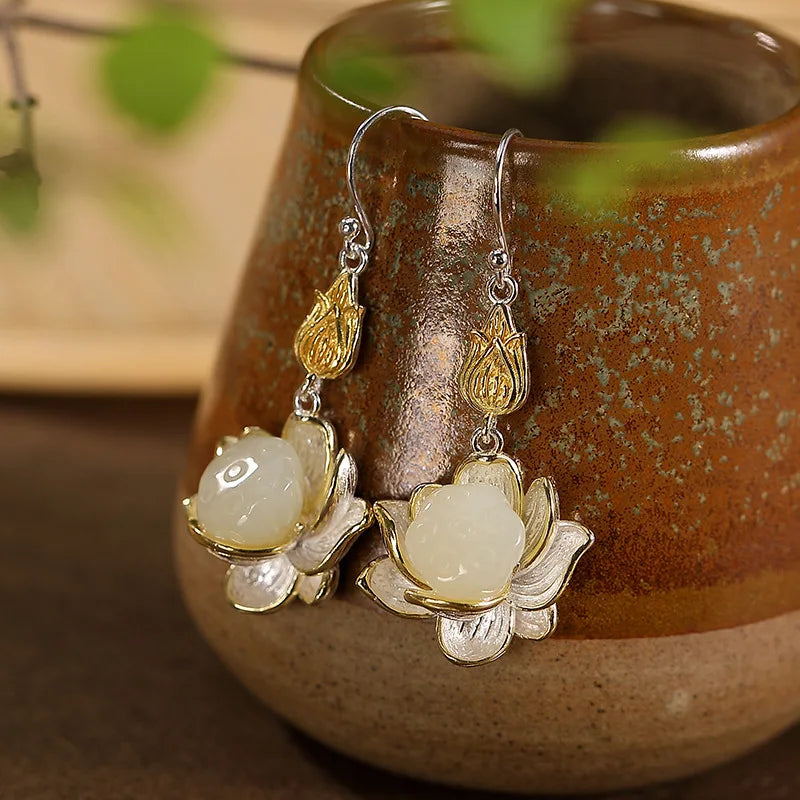 Natural Hotan Jade Lotus Flower Jewelry Set, Necklace Ring Bracelet Hairpin Boutique