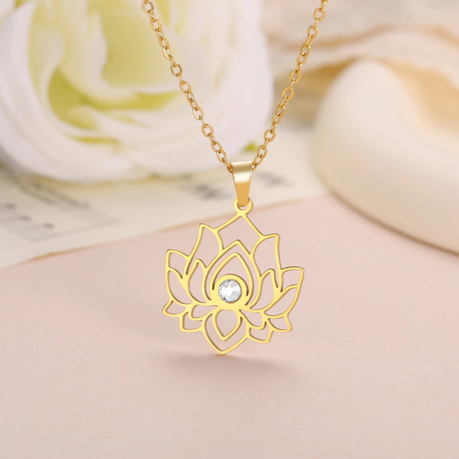Lotus Zircon Chakra Pendant, Stainless Steel Yoga Amulet
