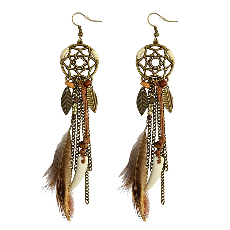 Dream Catcher Feather Chain Tassel Hook Earrings Jewelry