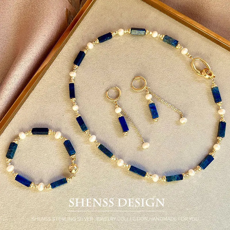 Exclusive Design Personalized Natural Freshwater Pearl Lapis lazuli Necklace Bracelet Earrings Copper Plated 14k Gold Accessorie - Charlie Dolly