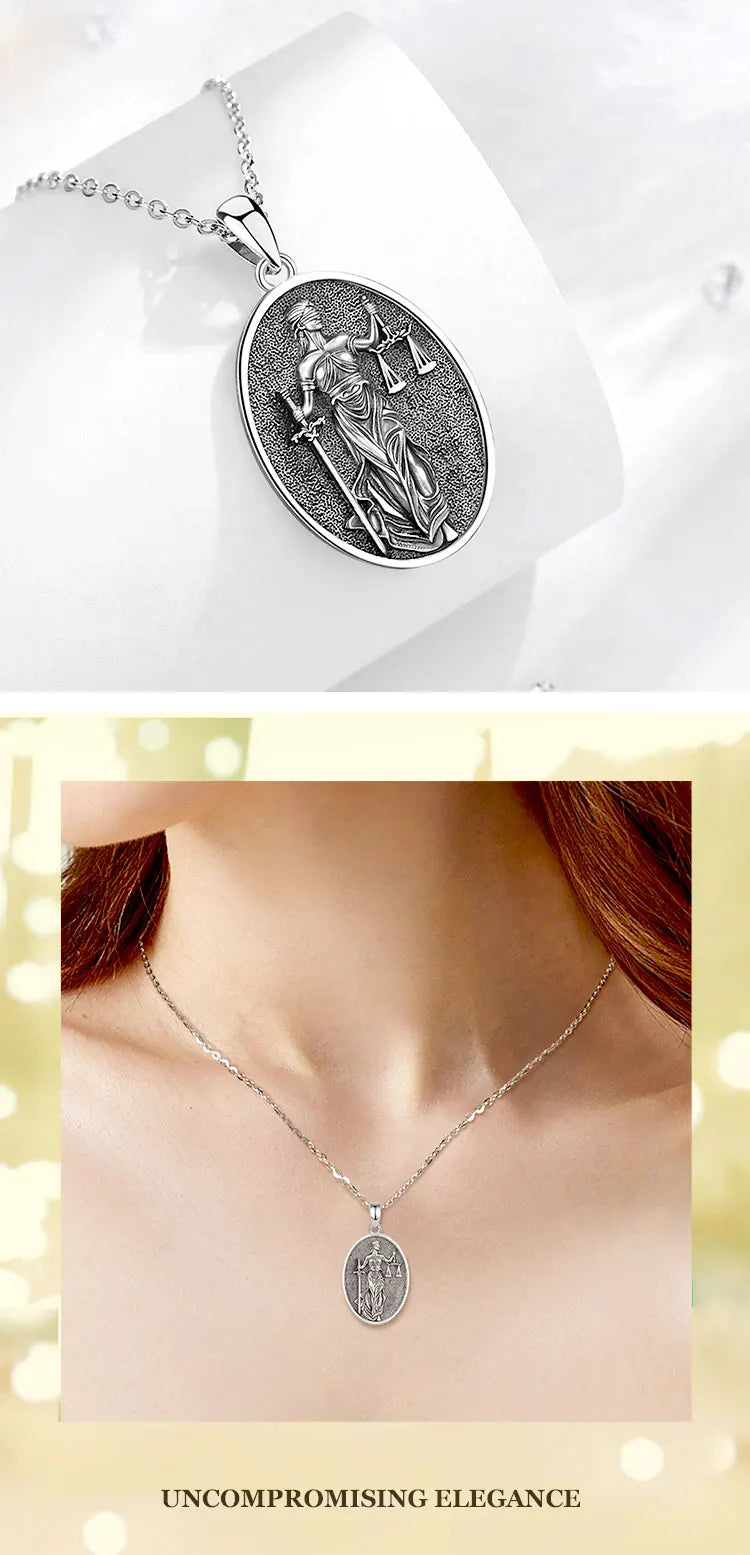 S925 Sterling Silver Themis Goddess of Justice Pendant Necklace, Sword & Scales Wicca Talisman