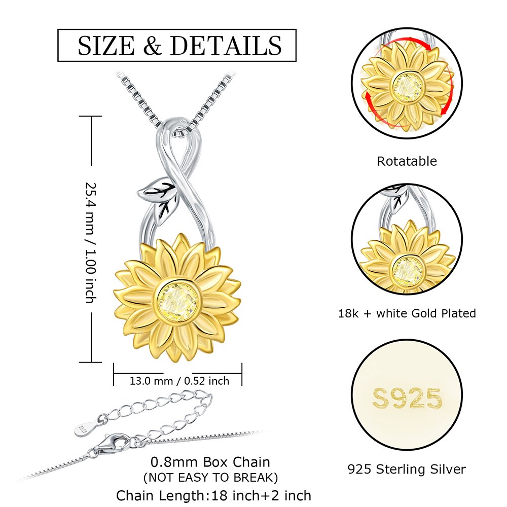 925 Sterling Silver Infinity Rotatable Spinner Anxiety Fidget Sunflower Pendant Worry Stress Relief Necklaces Jewelry for Women