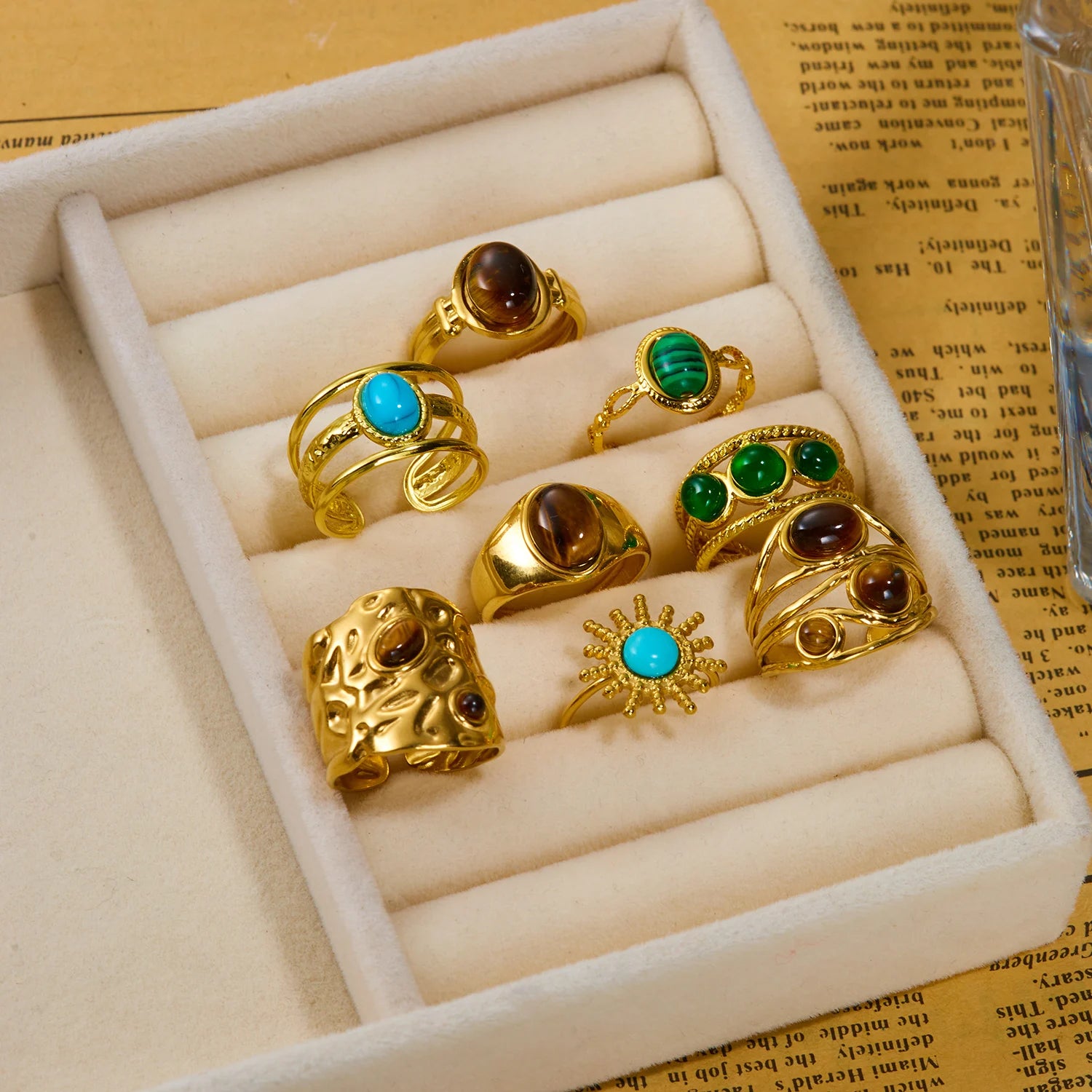 Vintage Boho Turquoise Tiger Eye Stone Rings For Women Stainless Steel Natural Stone Open Finger Ring Party Aesthetic Jewelry - Charlie Dolly