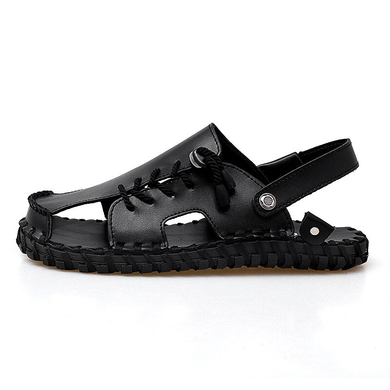 All-match Summer Leather Beach Shoes Comfy Leather Mens Sandals Non-slip Beach Sandals Breathable Soft Flats Male Slippers