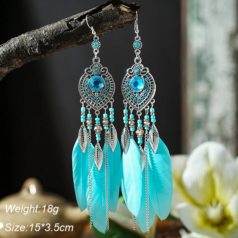 Blue Enamel Feather Crystal Long Earrings Jewelry