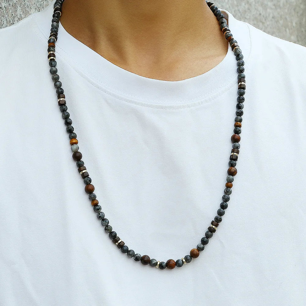 1PC INGX Man's Bohemia Natural Flash Stone Long Beaded Necklace for Men Tribal Boho Long Wooden Beads Necklace Men Jewelry - Charlie Dolly