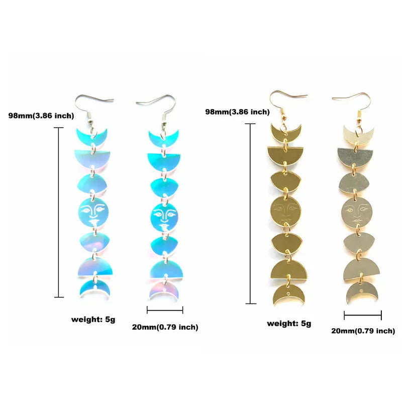 Acrylic Moon Phase Long Tassel Boho Earrings, Celestial Drop Talisman