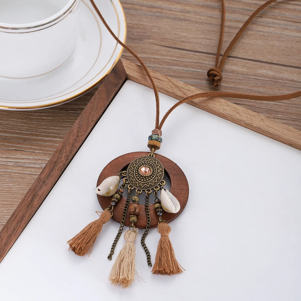 Wood Flower Bead Leaf Tassel Long Necklace Jewelry