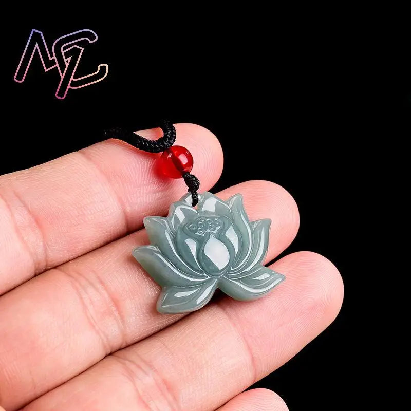 Myanmar Jadeite Lotus Pendant, Burmese Jade Luxury Amulet Necklace
