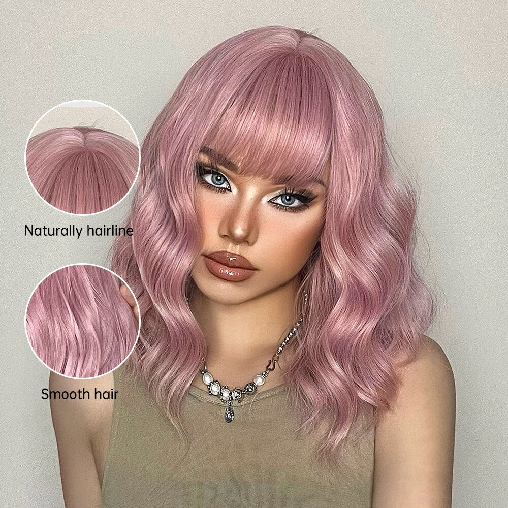 Medium Length Water Wave Synthetic Wigs Cute Pink Wigs With Bangs for Women Cosplay Natural Heat Resistant Bob Lolita Hair