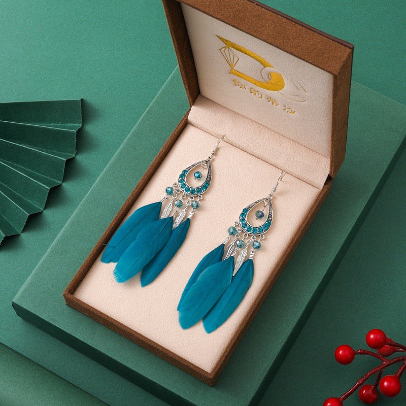 Vintage Long Water Drop Feather Earrings for Women Elegant Insert Rhinestone Crystal Bead Leaf Tassel Earring Female Jewelry
