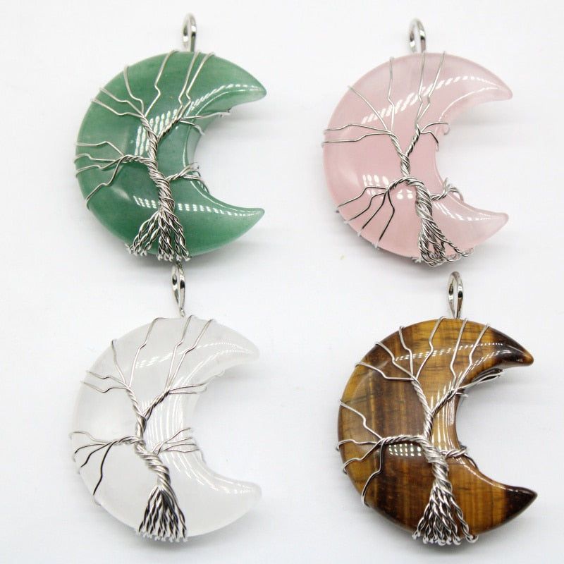 7 Chakras Tree of Life Necklace Wire Wrap Crescent Moons Amethyst Crystal Pendants Quartz Natural Stone Agates Aventurine Make