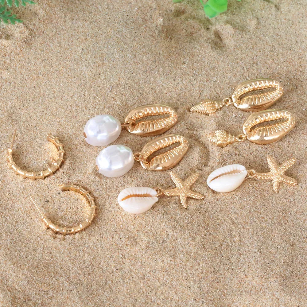 Shell, Starfish and Pearl Bohemian Earring Set (4 Pairs)