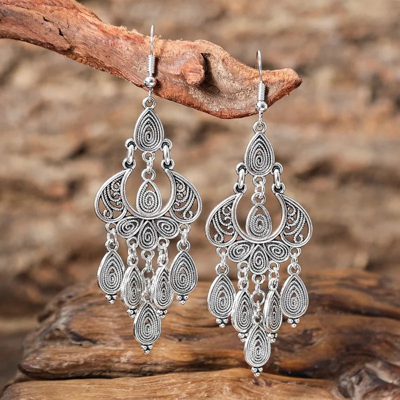Antique Hollow Pattern Tassel Ethnic Earrings Jewelry