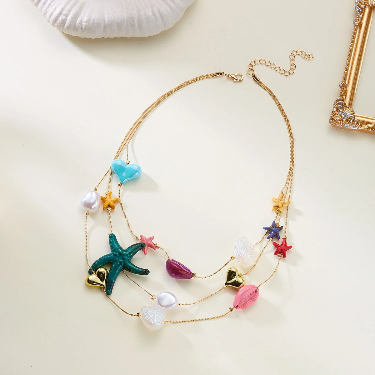 Tropical Starfish Heart and Shell Triple Layer Necklace