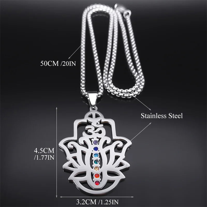 Seven Chakra Om Lotus Flower Pendant Necklace, Stainless Steel Yoga Healing Amulet