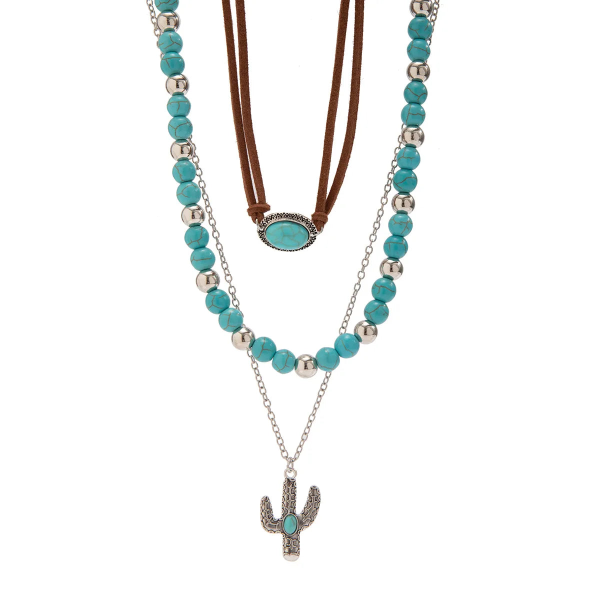 Cactus Pendant Turquoise Bead Layered Necklace Jewelry