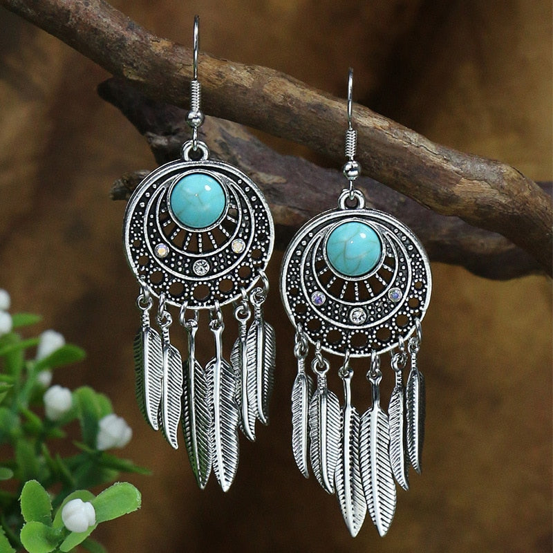 53 Styles Bohemian Vintage Tibetan Silver Geometric Drop Earrings For Women Ethnic Blue Stone Tassel Dangle Earrings Jewelry