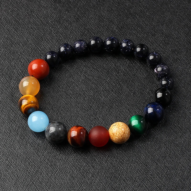 Nine Planets Solar System Beaded Bracelet, Natural Stone Galaxy Cosmic Talisman