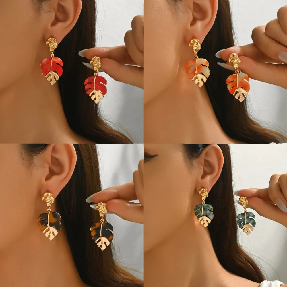 Monstera Leaf Resin Tropical Drop Earrings Jewelry
