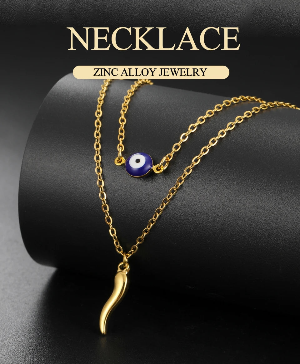 Italian Horn & Evil Eye Double Layer Necklace, Spiritual Protection Amulet
