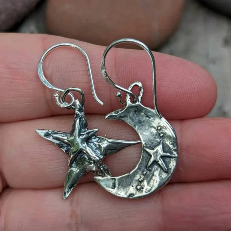 Silver Moon Star Celestial Dangle Earrings Jewelry