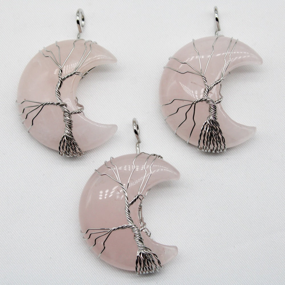 7 Chakras Tree of Life Necklace Wire Wrap Crescent Moons Amethyst Crystal Pendants Quartz Natural Stone Agates Aventurine Make