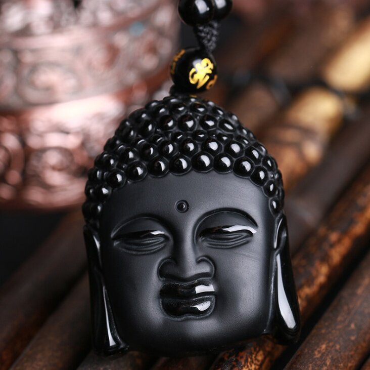 Fashion Frosted Obsidian Sakyamuni Buddha Head Charm Men and Women Amulet Necklace Buddhist Religious Jewelry