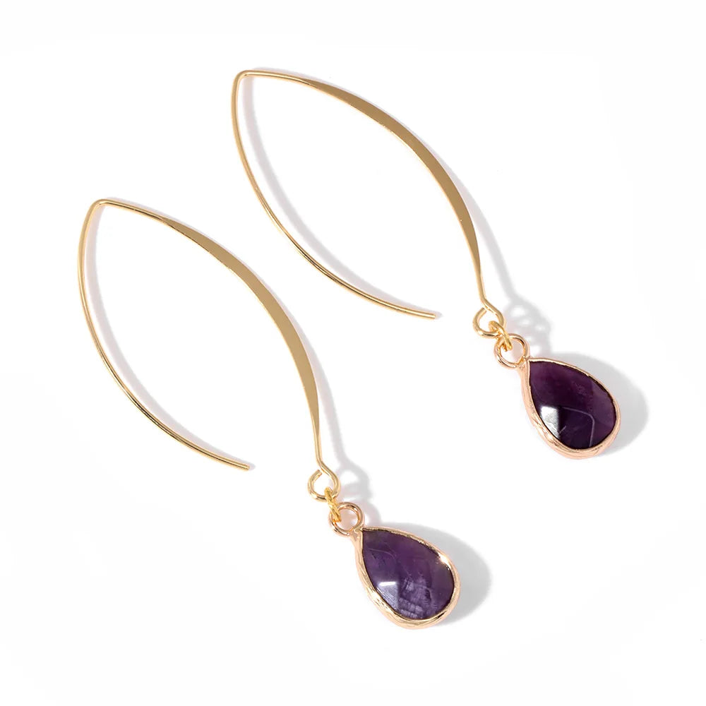 Natural Stone Teardrop Dangle Earrings, Amethyst Rose Quartz Elegant Party Jewelry