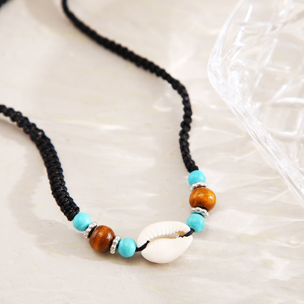 Bohemian Beads Shell Necklace For Women Handmade Black Rope Short Choker Collar Beach Summer Jewelry
