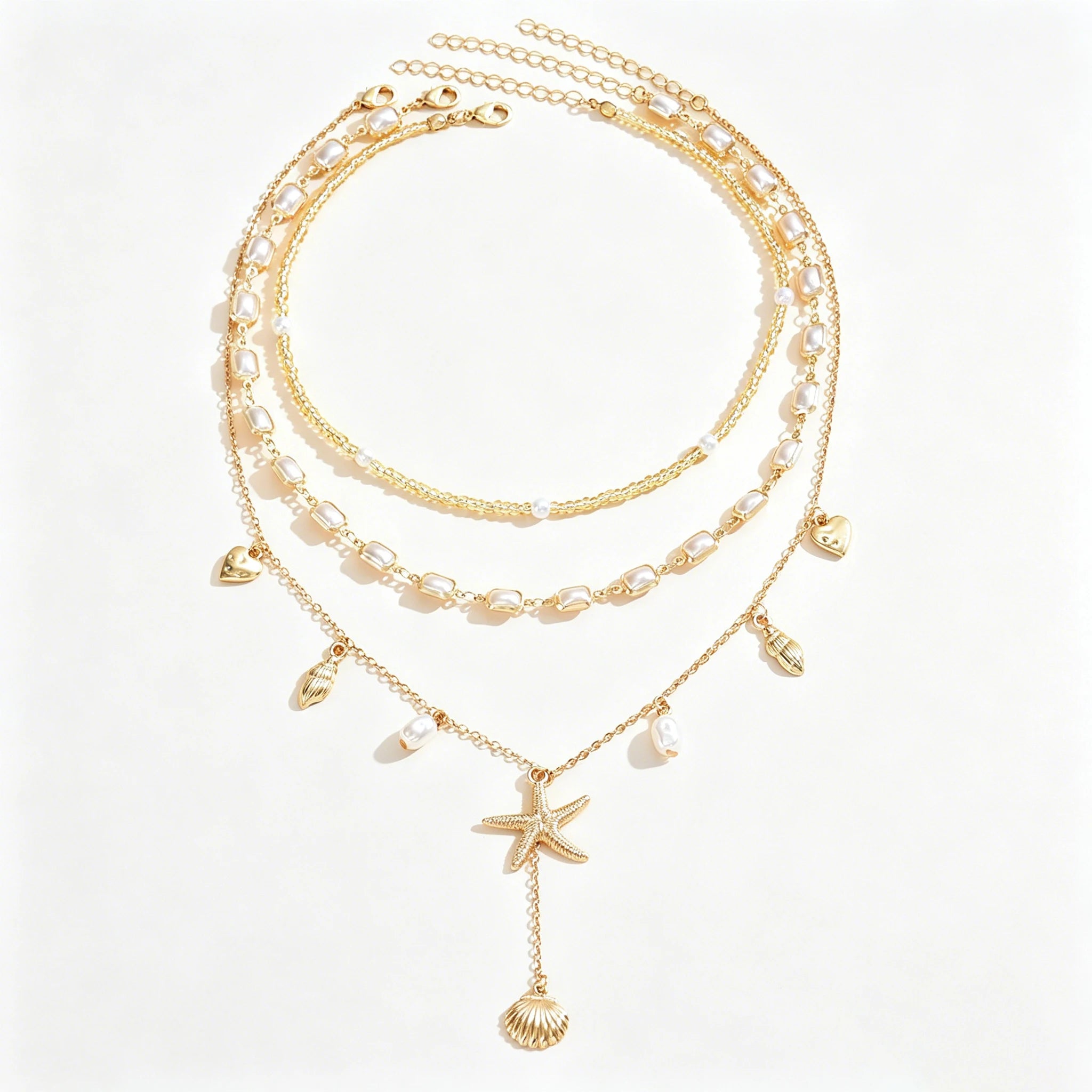 Cowrie Shell and Pearl Layered Boho Necklace Set (3 Pieces)