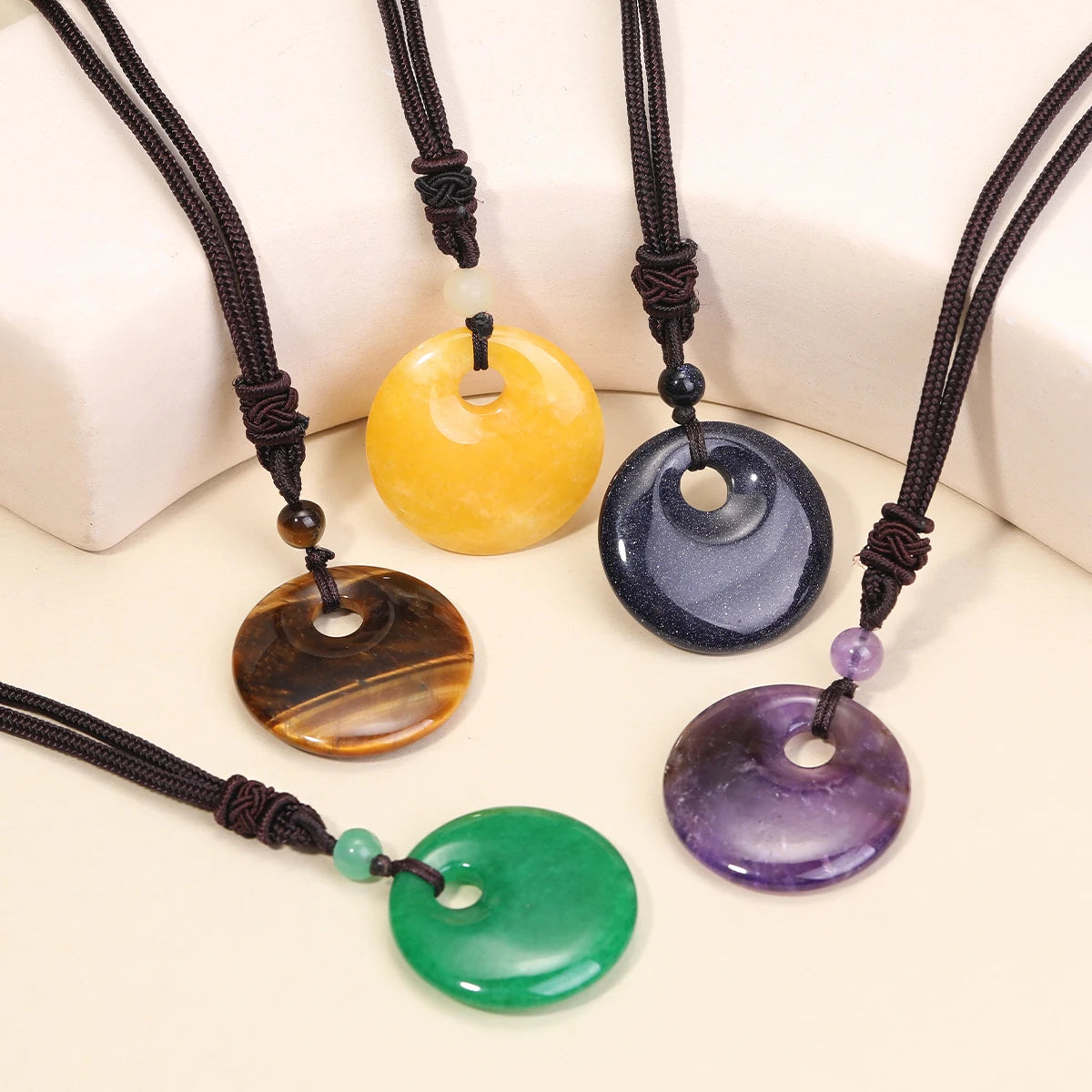 Natural Gemstone Chinese Peace Knot Pendant Necklace, Sacred Blessing Amulet