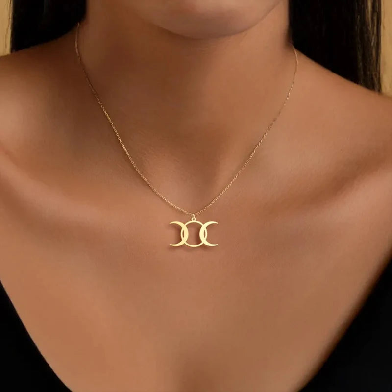 Triple Moon Goddess Choker Necklace, Stainless Steel Witchy Pagan Amulet