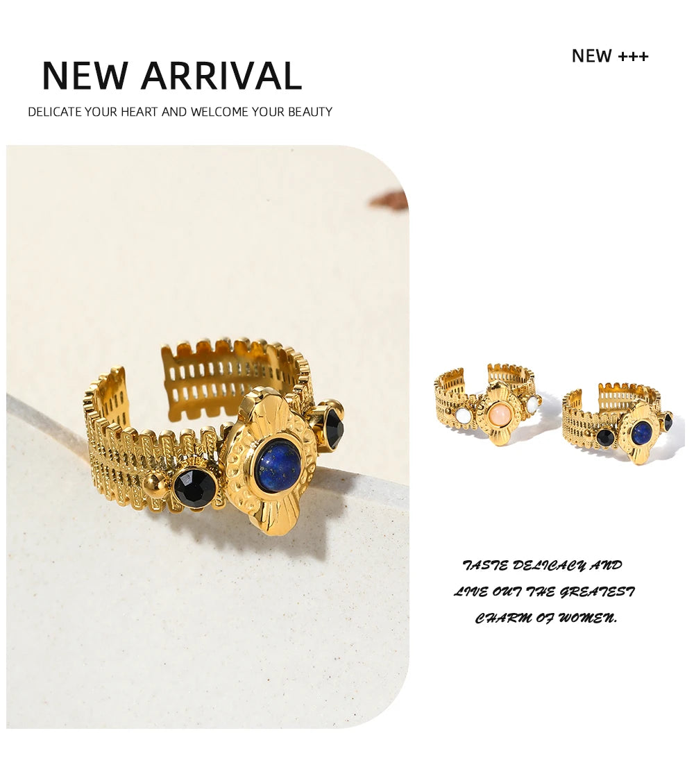 YACHAN Boho Vintage Stainless Steel Rings for Women Pink Natural Stone Lazurite 18K Gold Plated Aesthetic Trend Jewelry - Charlie Dolly