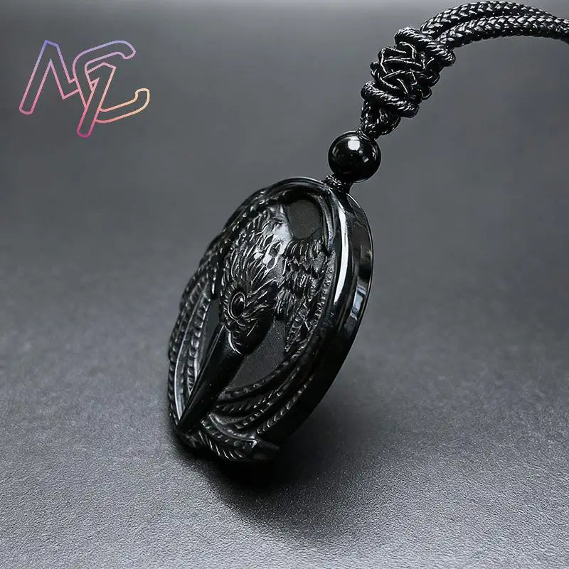 Real Obsidian Crow Pendant Necklace, Natural Gemstone Amulet Talisman