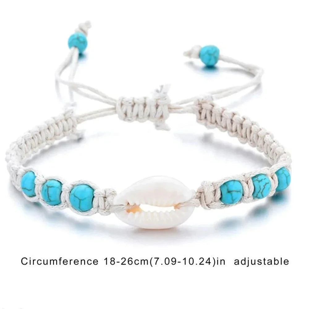 Starfish Shell and Turquoise Woven Wax Rope Bracelet