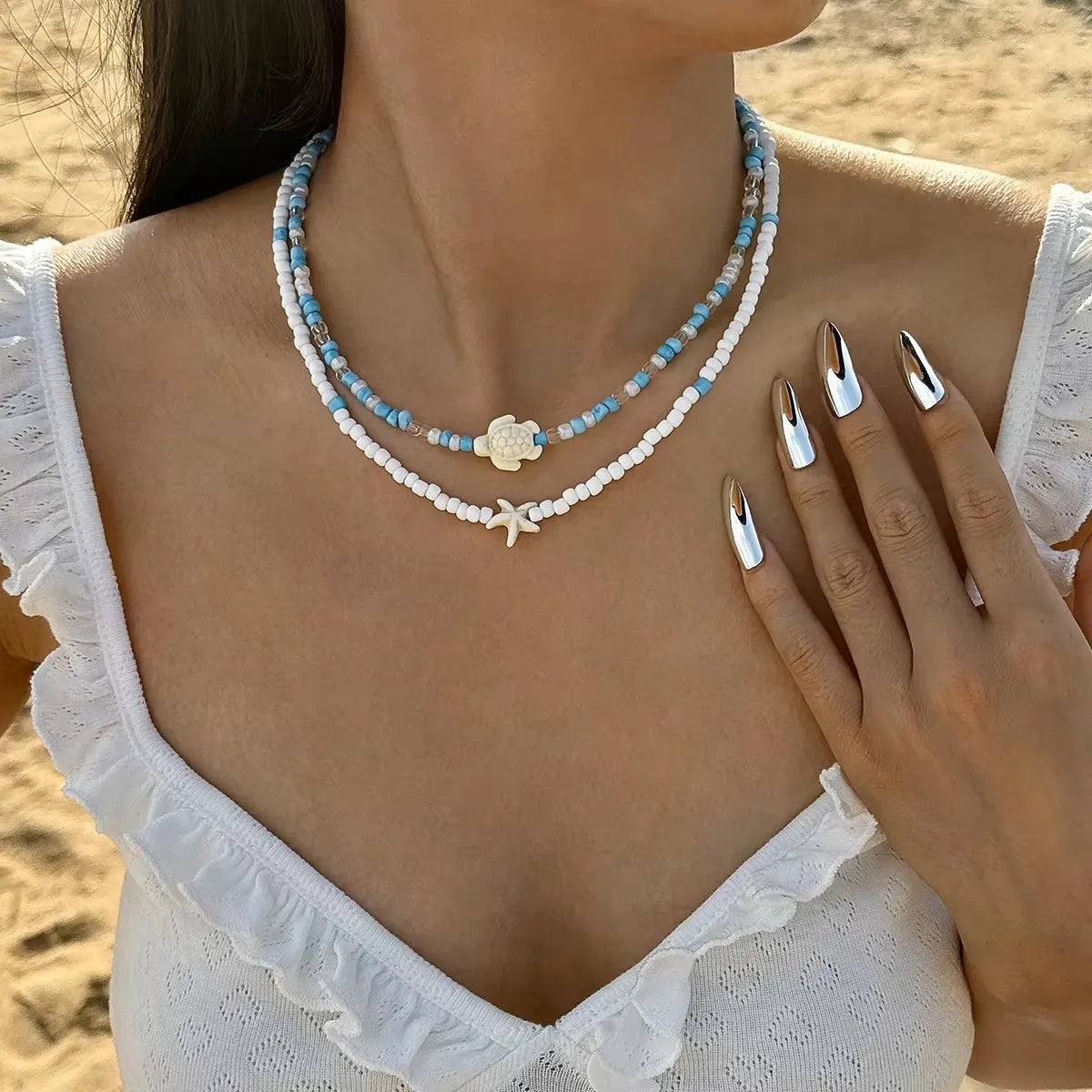 Tocona البوهيمي الملونة عقد من الخرز للنساء الصيف اليدوية نجم البحر السلحفاة المختنق سلسلة الشاطئ مجوهرات اكسسوارات