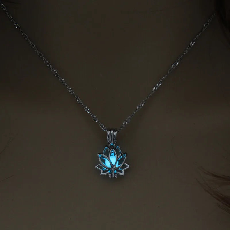 Glow-in-the-Dark Lotus Moon Pendant, Luminous Boho Necklace