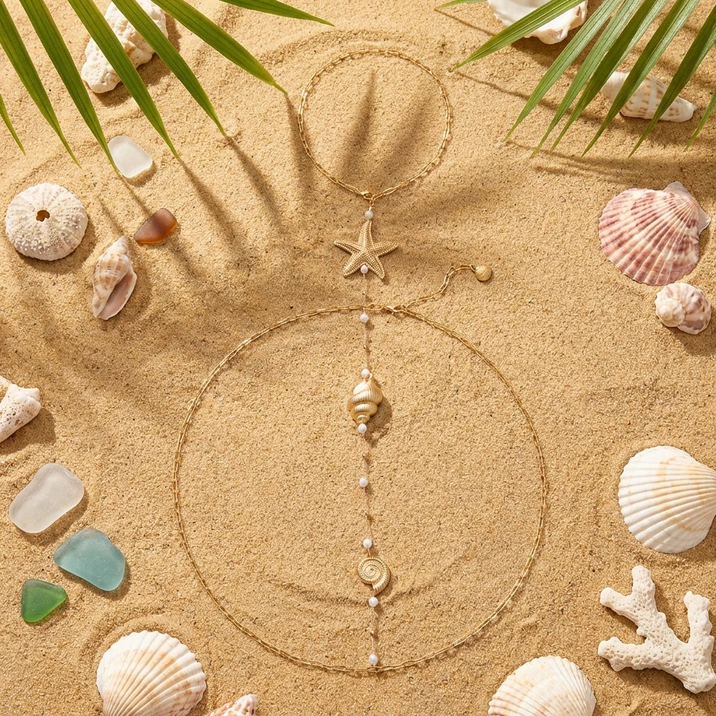 Gold Starfish, Shell and Pearl Backdrop Body Chain