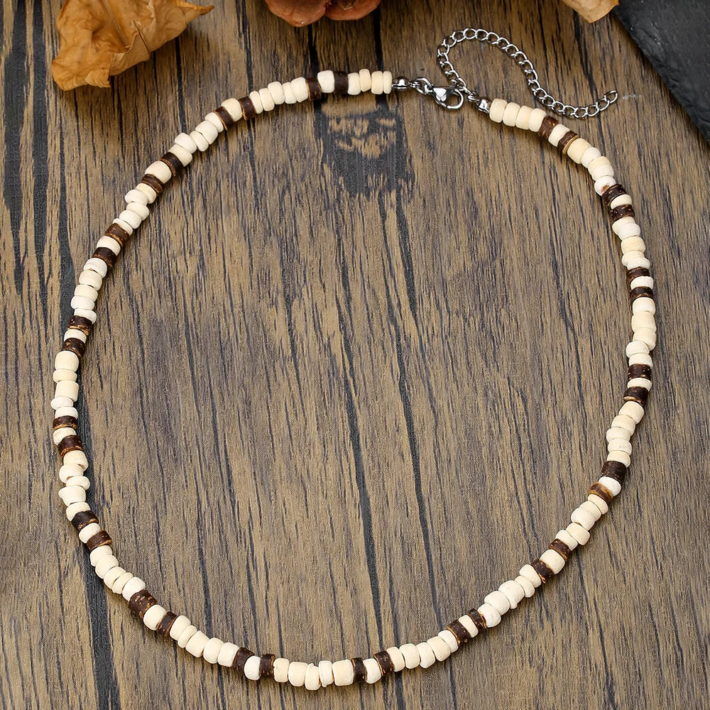 Coconut Shell, Turquoise and Wood Bead Boho Necklace for Men