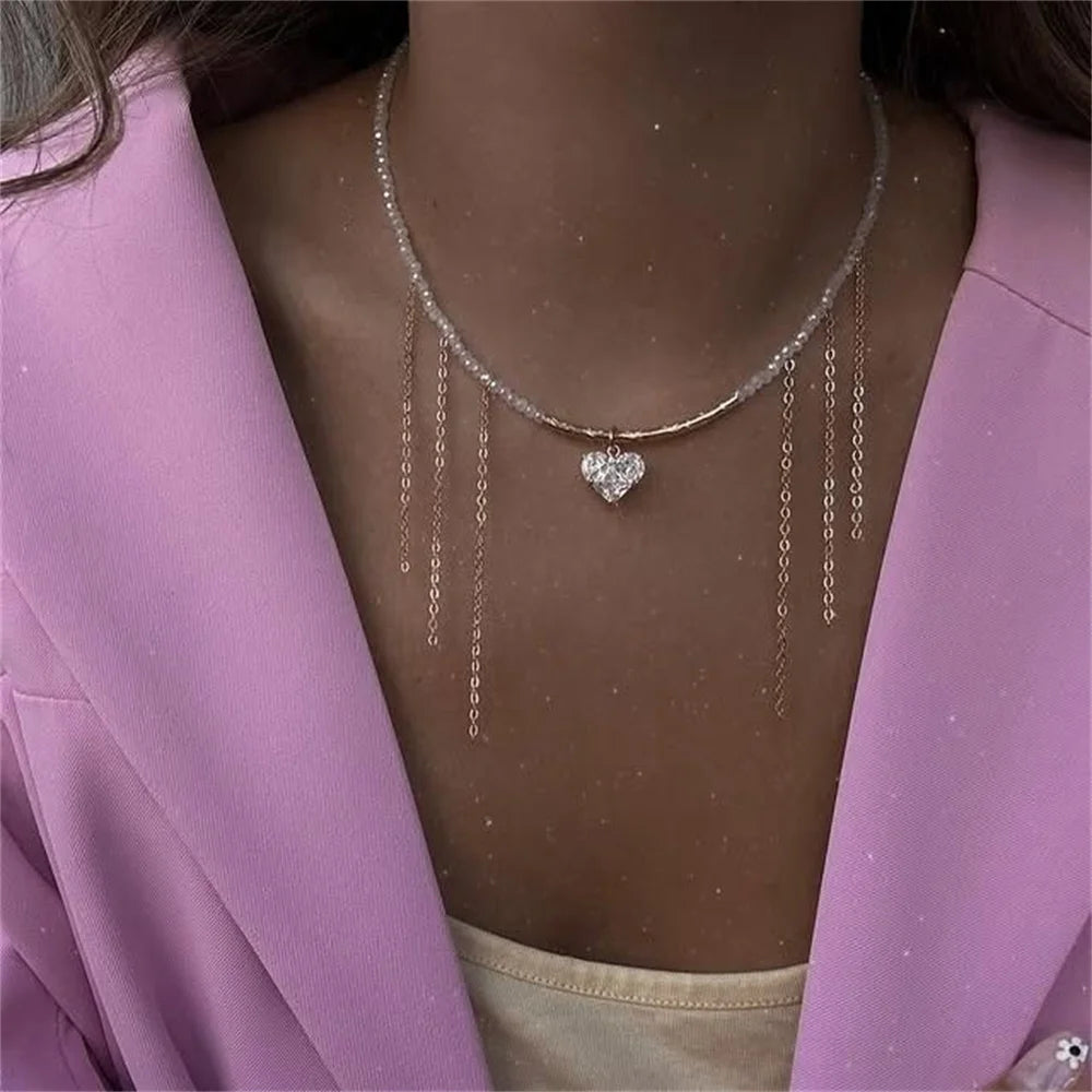 Baroque Zircon Heart Tassel Necklace Jewelry