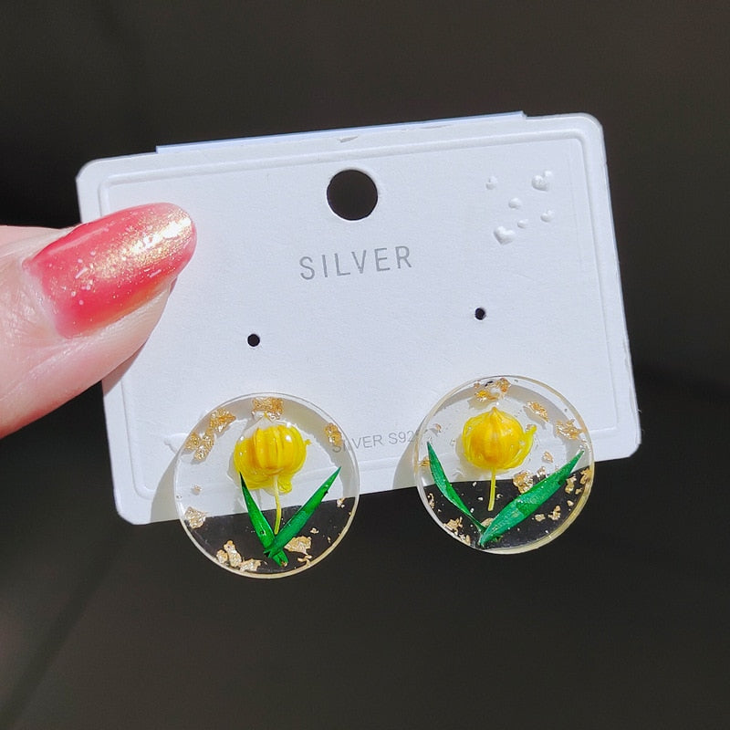 Creative Real Flower Earring Unique Round Dried Flower Drop Earrings Real Floral Sweet Earring For Women Gifts Summer Jewelry
